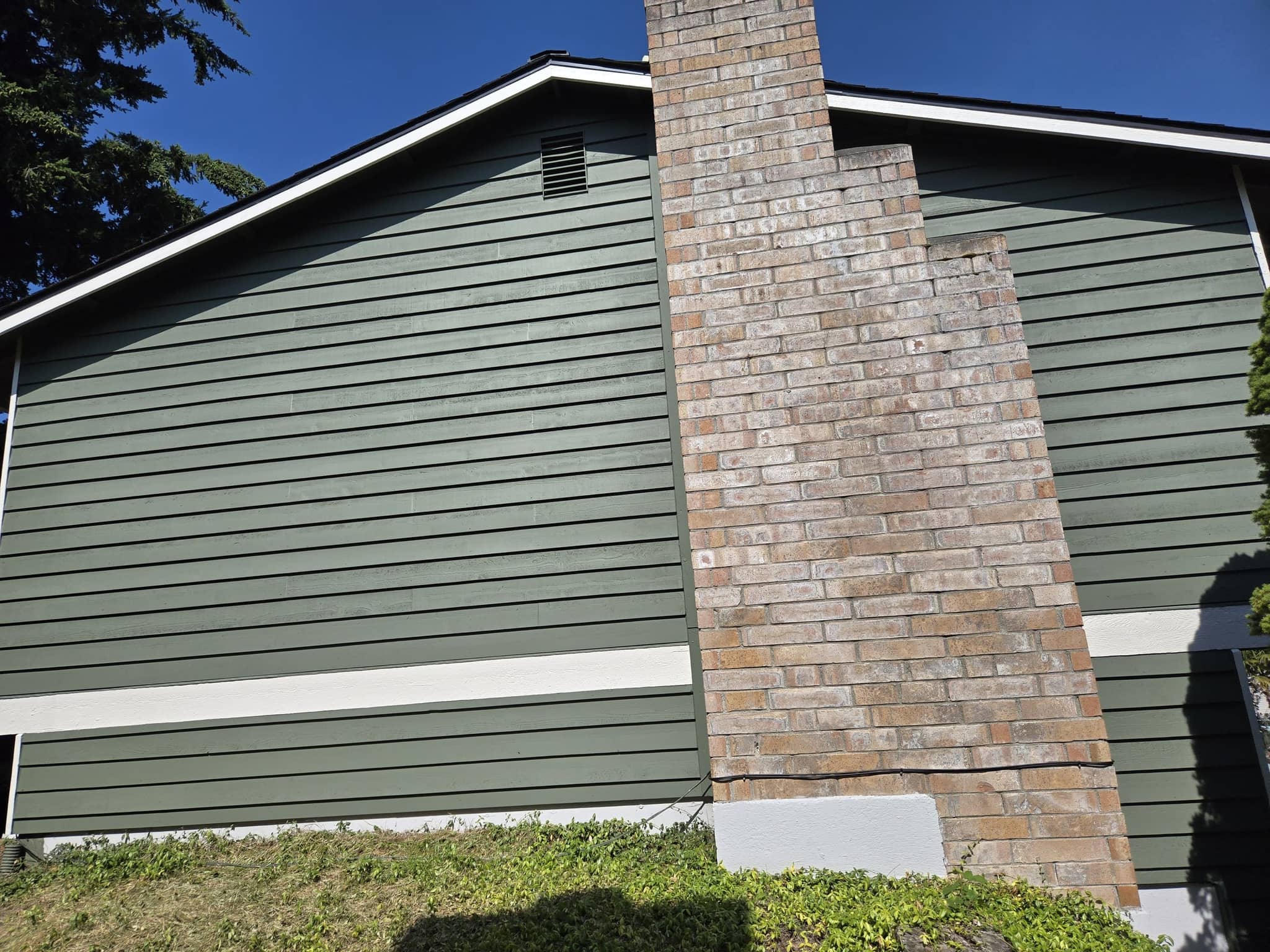 Green lap siding with brick chimney